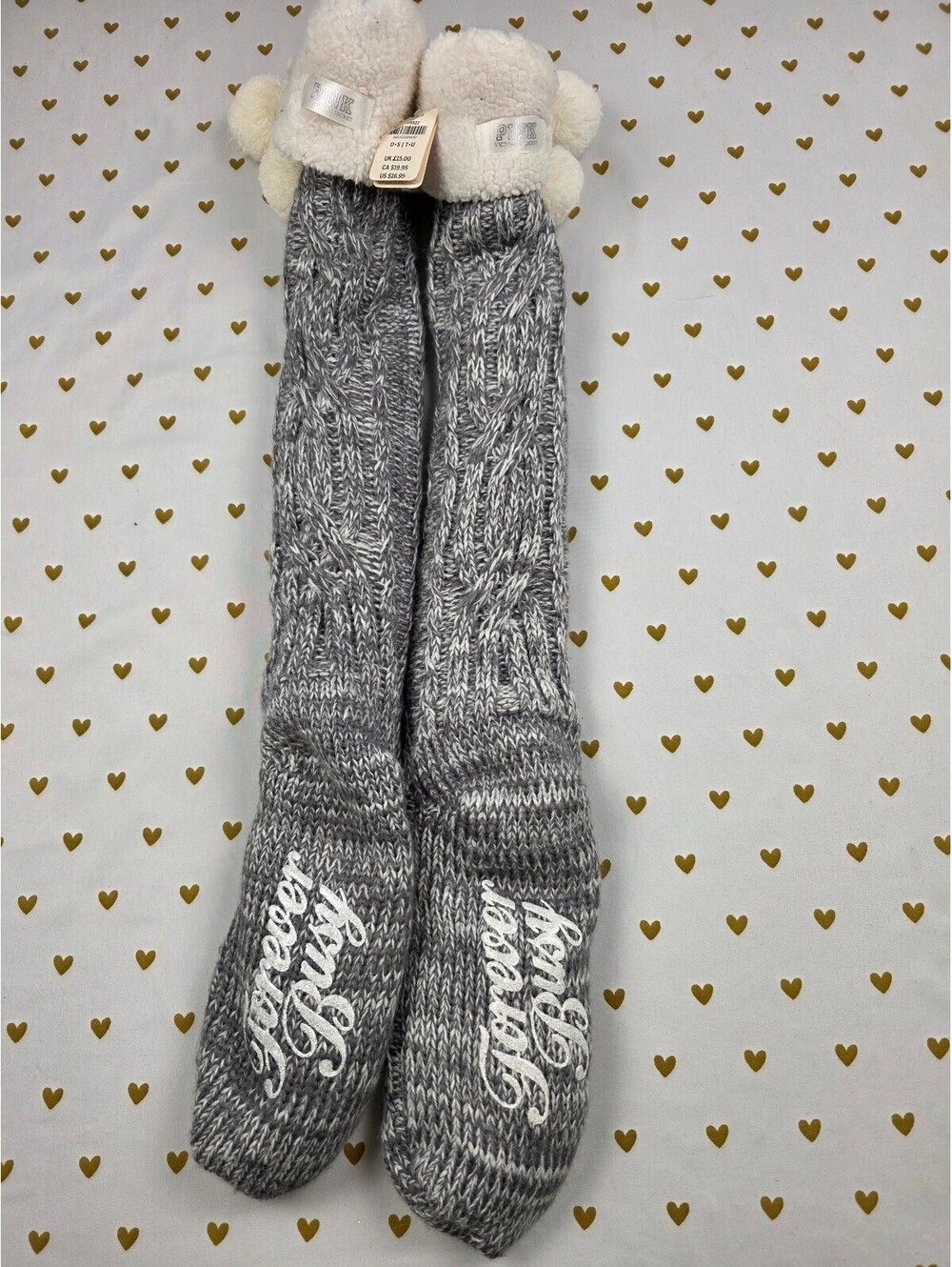 Victoria's Secret PINK Forever Busy Sherpa Cable Knit Slipper Socks NWT OS